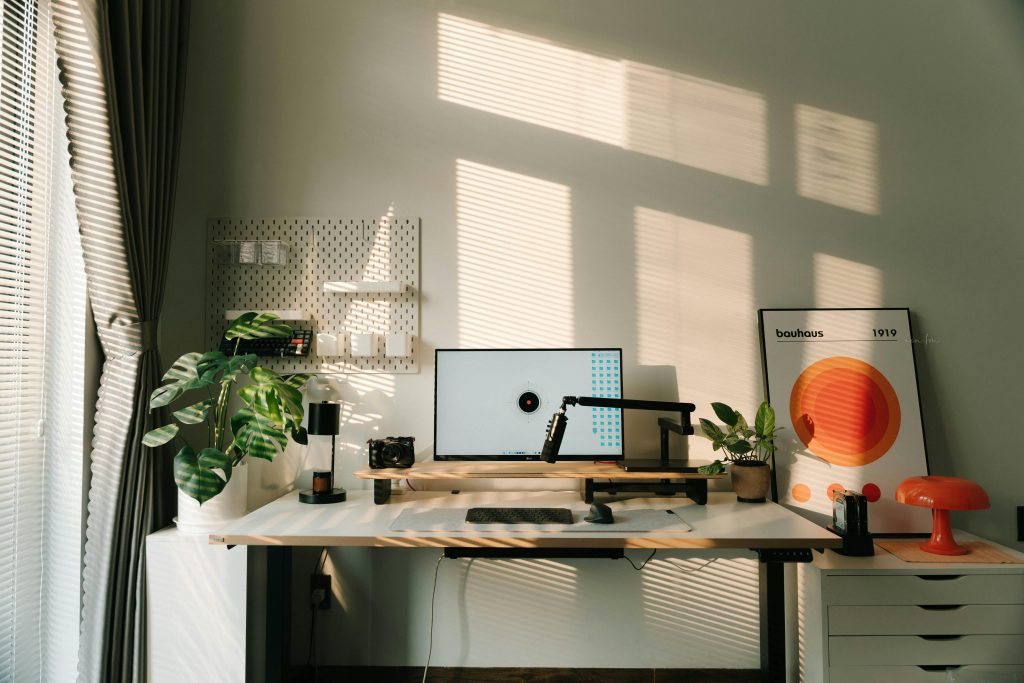 minimalist, sunlit home office
